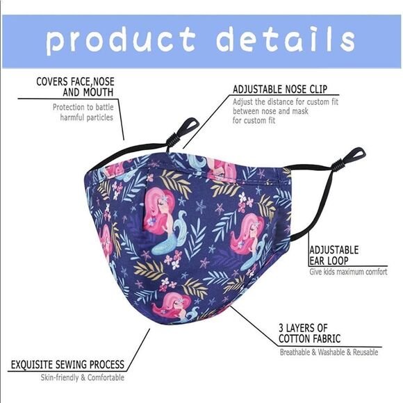 4-Pack Kids Face Masks – Dinosaur, Unicorn, Princess & Mermaid Prints, NWT - Picture 5 of 7